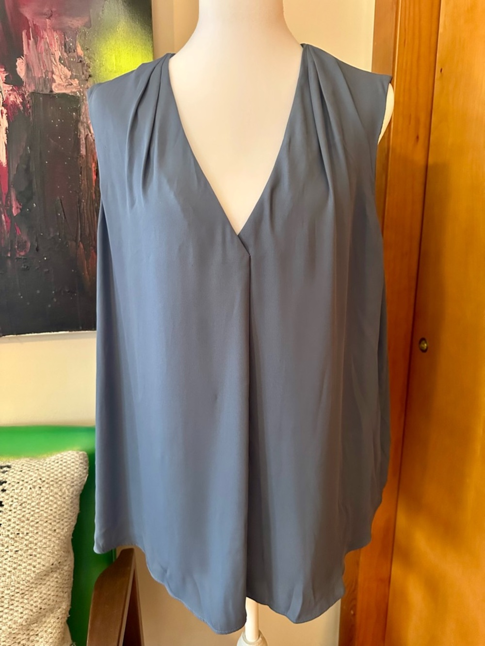 White House Black Market Slate Blue V-Neck Sleeveless Draped Camisole